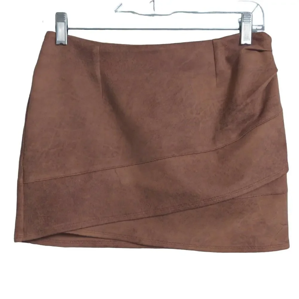 Free People Straight Skirt Women's 4 Brown Solid Mini Tiered Vegan Leather